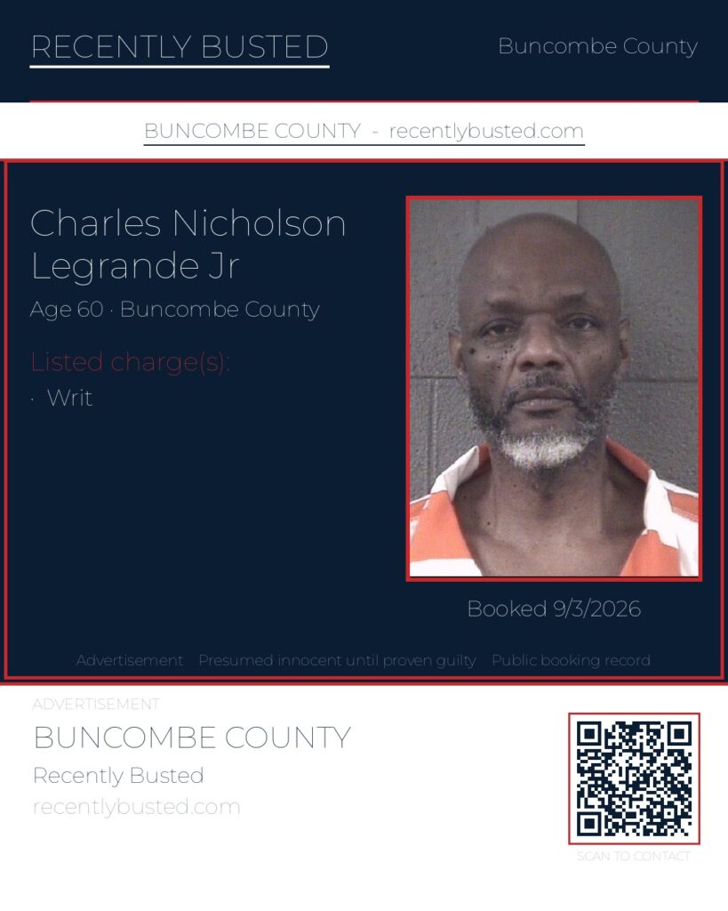 CHARLES NICHOLSON LEGRANDE JR — arrest record card, Buncombe County, North Carolina