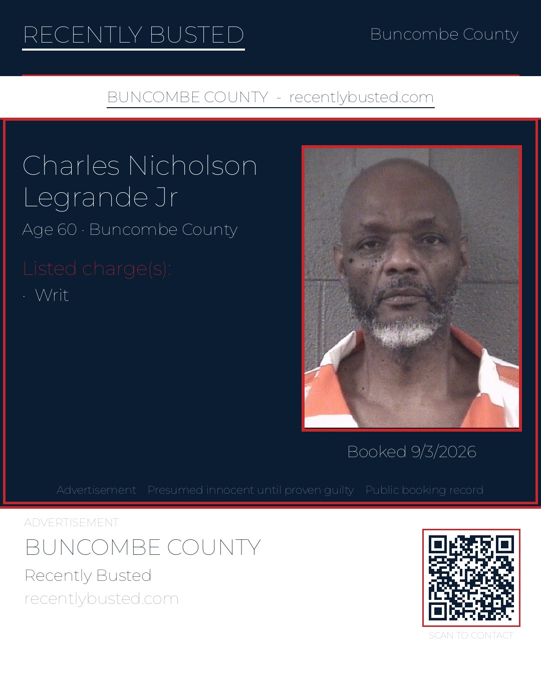 CHARLES NICHOLSON LEGRANDE JR — arrest record card, Buncombe County, North Carolina