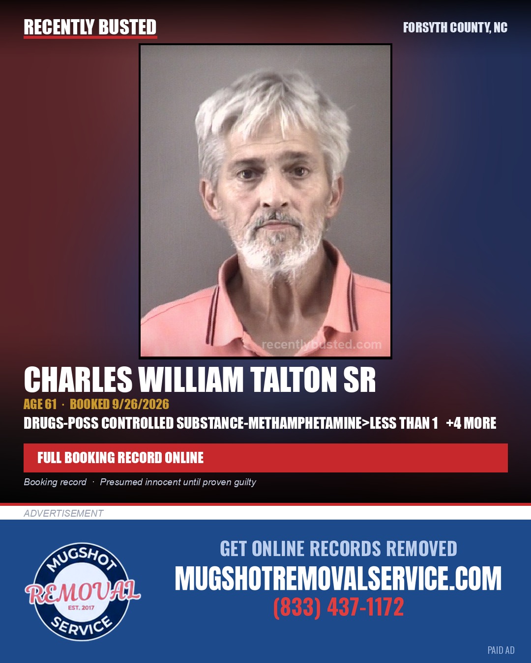CHARLES WILLIAM TALTON SR — arrest record card, Forsyth County, North Carolina
