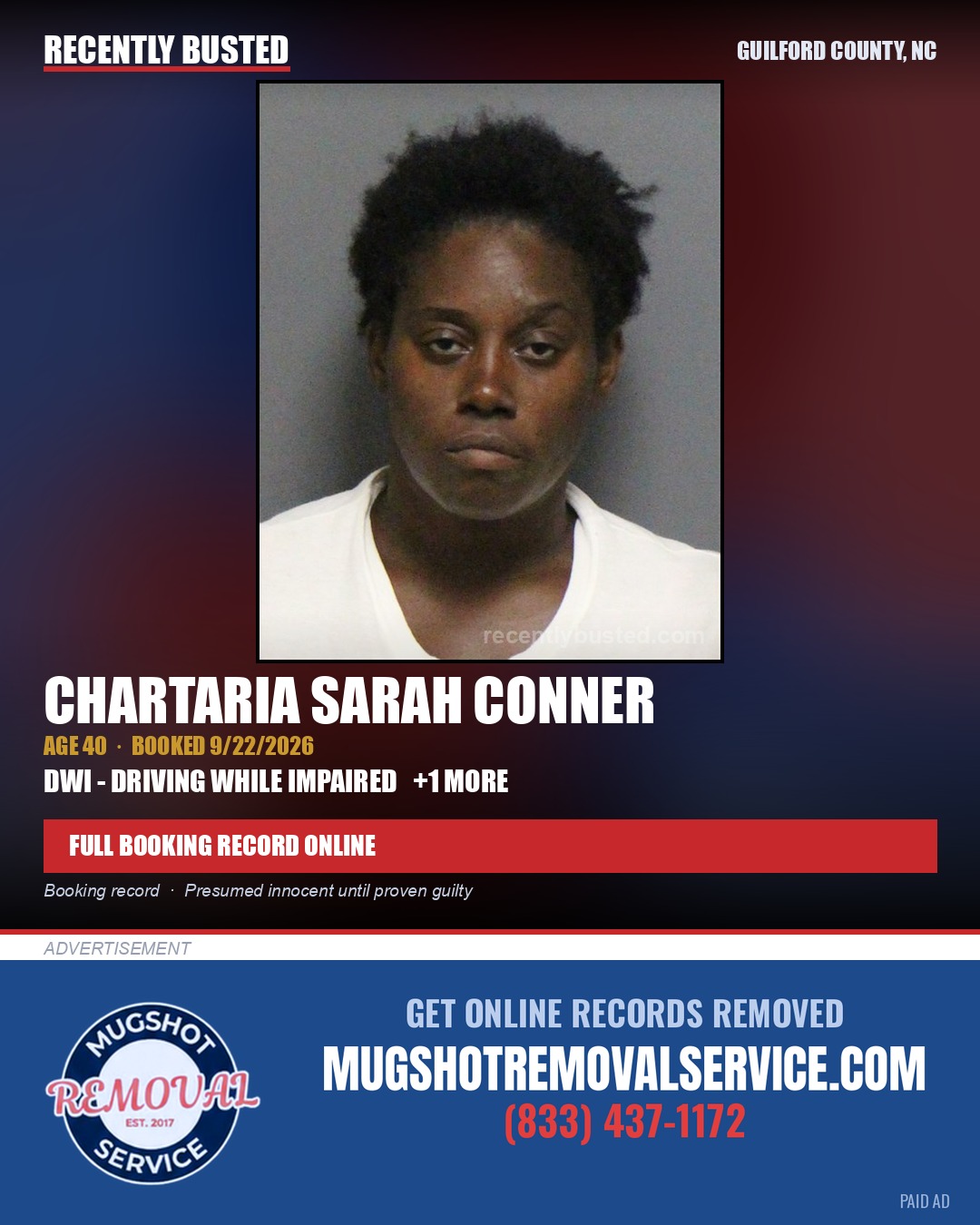 CHARTARIA SARAH CONNER — arrest record card, Guilford County, North Carolina