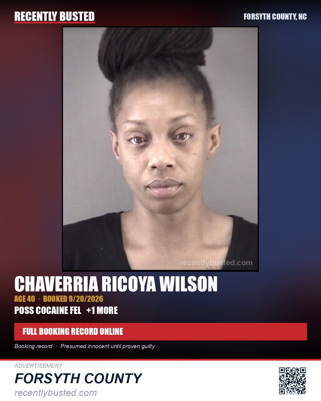 CHAVERRIA RICOYA WILSON — arrest record card, Forsyth County, North Carolina