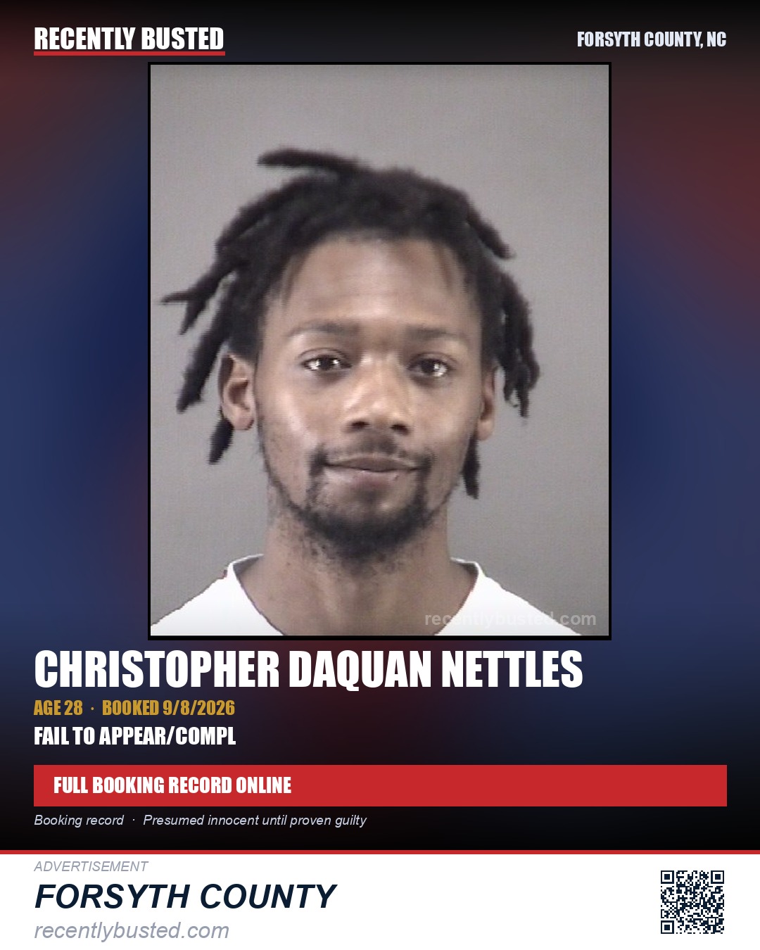 CHRISTOPHER DAQUAN NETTLES — arrest record card, Forsyth County, North Carolina
