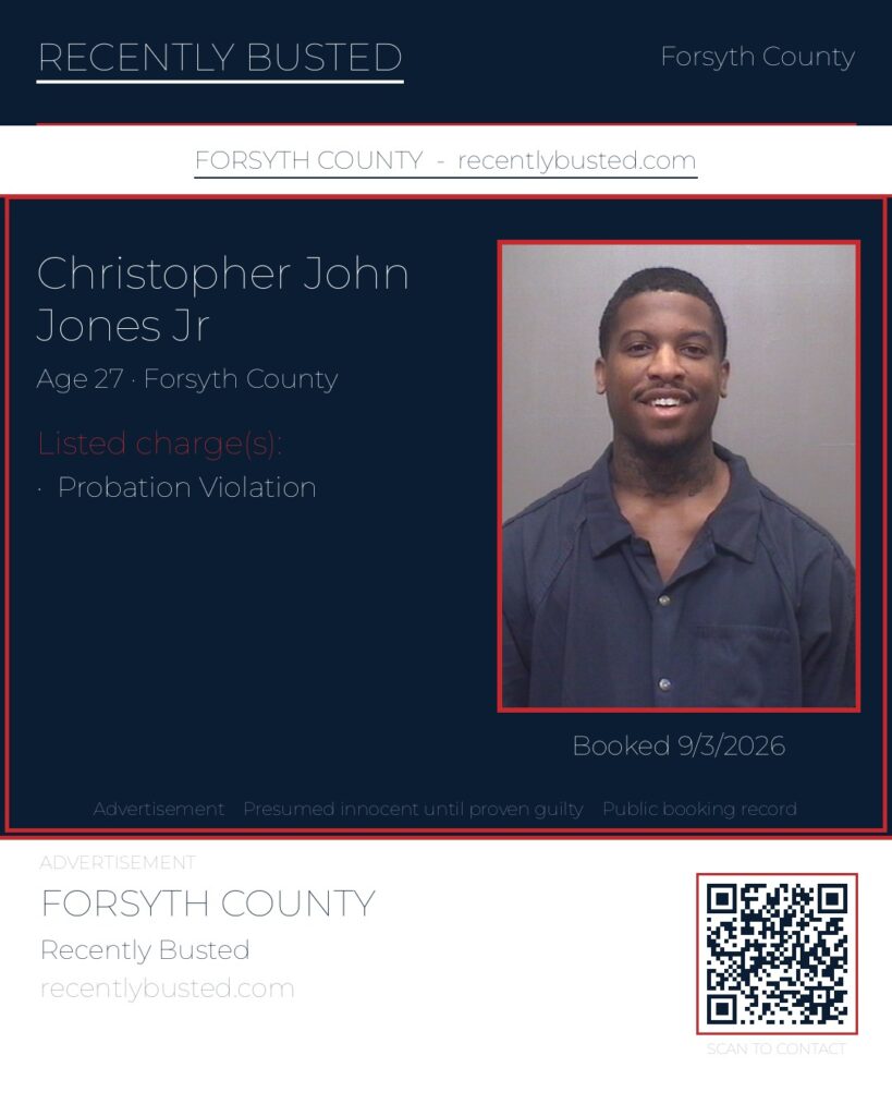 CHRISTOPHER JOHN JONES JR — arrest record card, Forsyth County, North Carolina