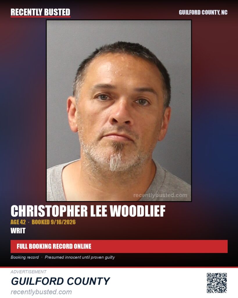 CHRISTOPHER LEE WOODLIEF — arrest record card, Guilford County, North Carolina