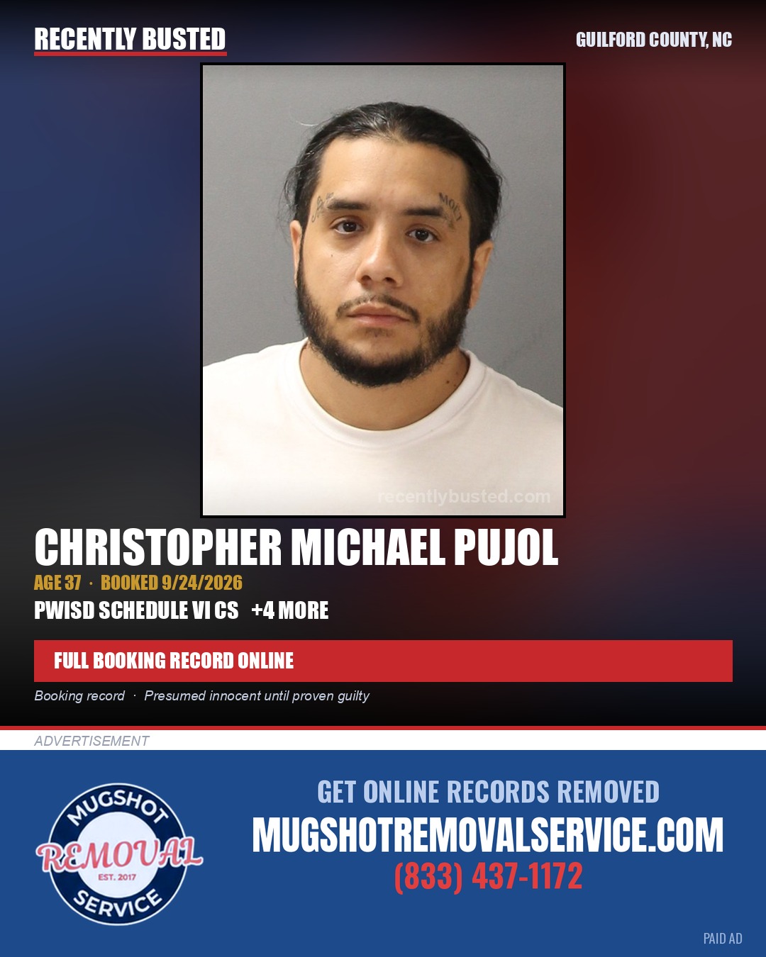 CHRISTOPHER MICHAEL PUJOL — arrest record card, Guilford County, North Carolina