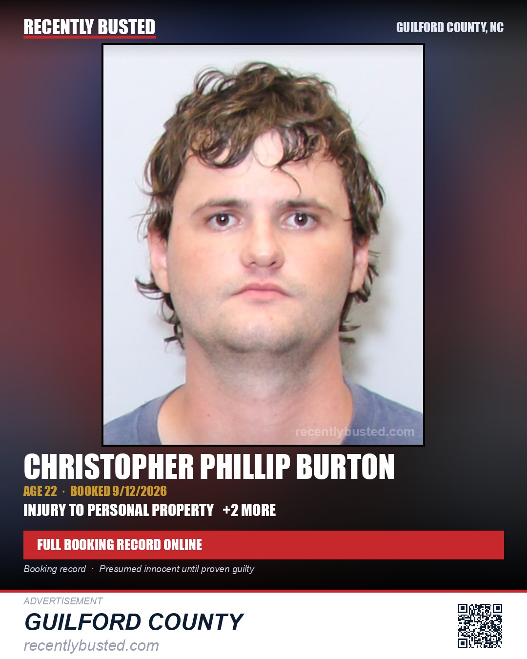 CHRISTOPHER PHILLIP BURTON — arrest record card, Guilford County, North Carolina