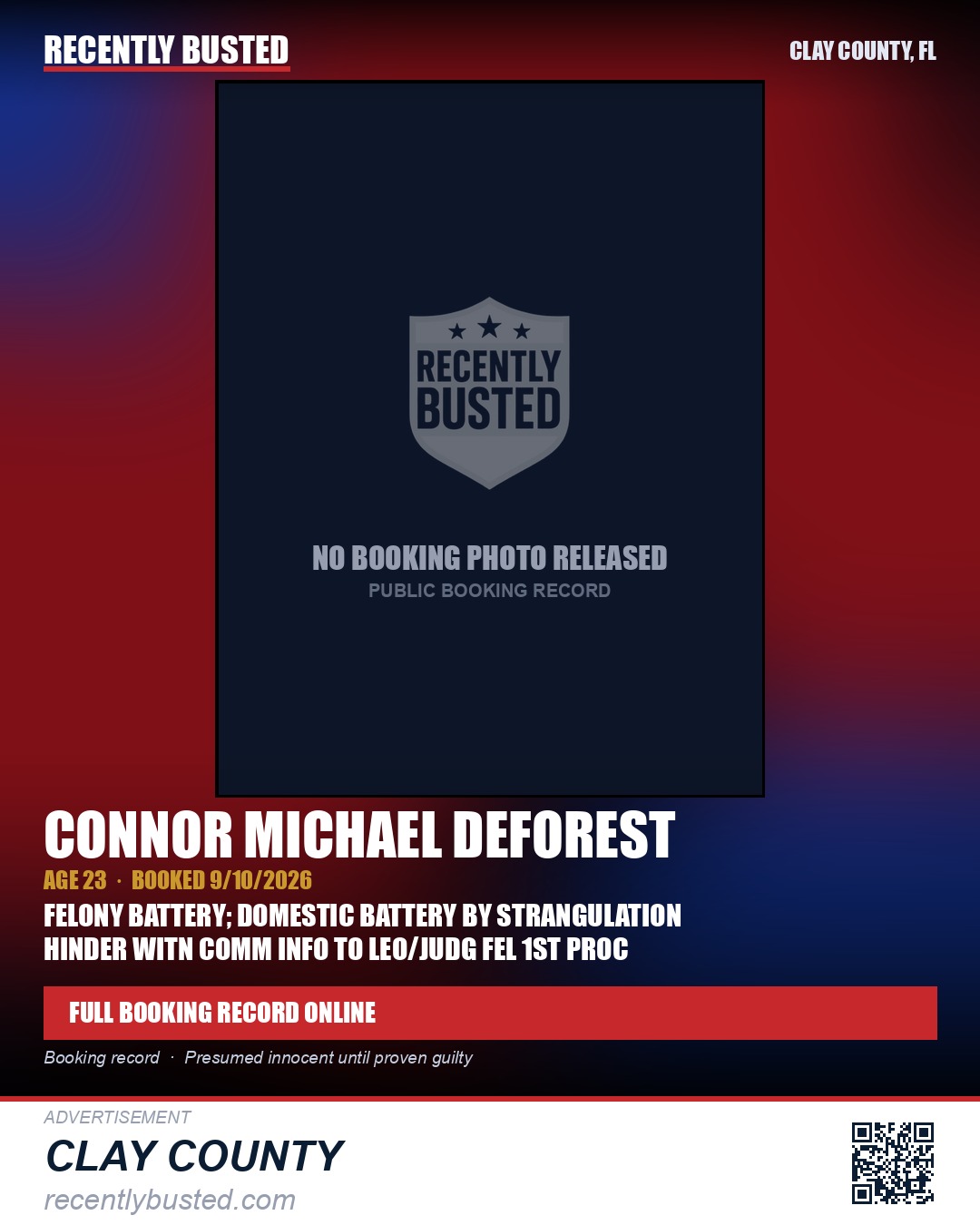 CONNOR MICHAEL DEFOREST — arrest record card, Clay County, Florida