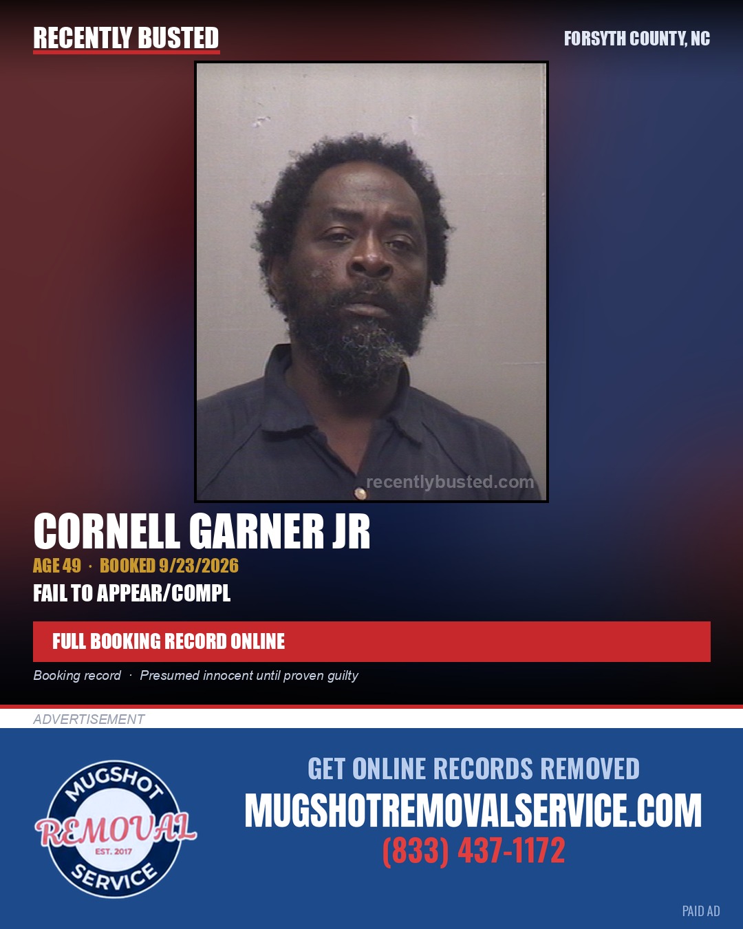CORNELL GARNER JR — arrest record card, Forsyth County, North Carolina