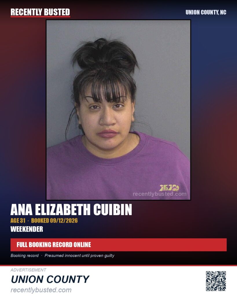 CUIBIN, ANA ELIZABETH — arrest record card, Union County, North Carolina