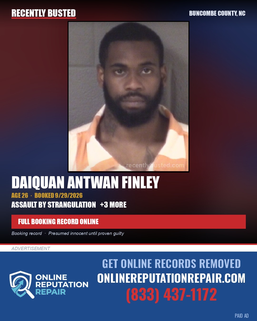DAIQUAN ANTWAN FINLEY — arrest record card, Buncombe County, North Carolina