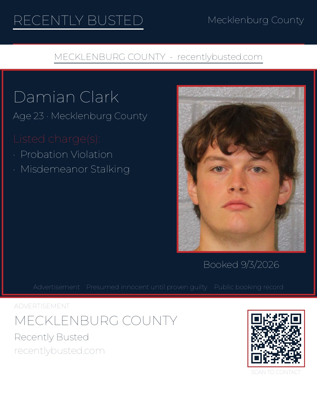 DAMIAN CLARK — arrest record card, Mecklenburg County, North Carolina