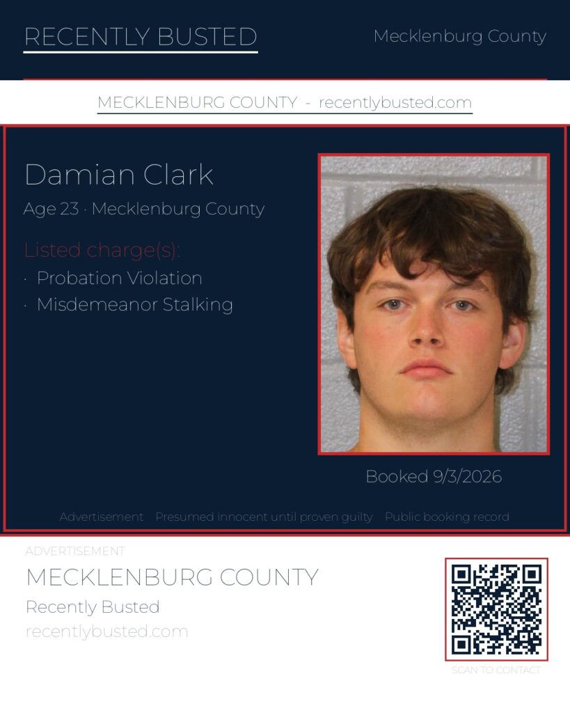 DAMIAN CLARK — arrest record card, Mecklenburg County, North Carolina