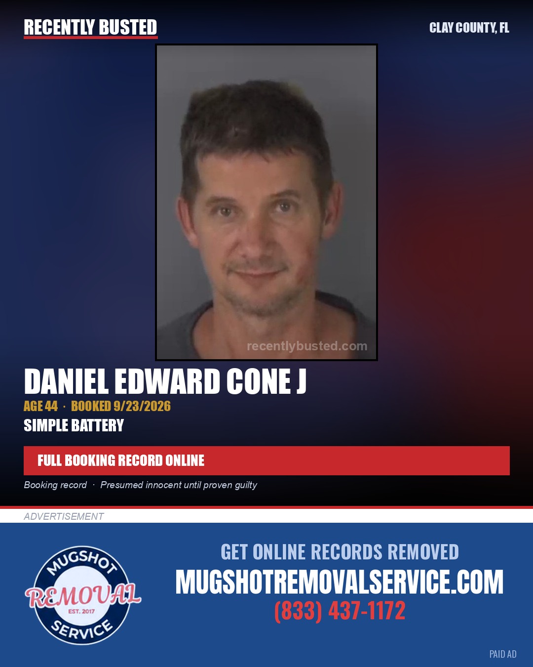 DANIEL EDWARD CONE J — arrest record card, Clay County, Florida