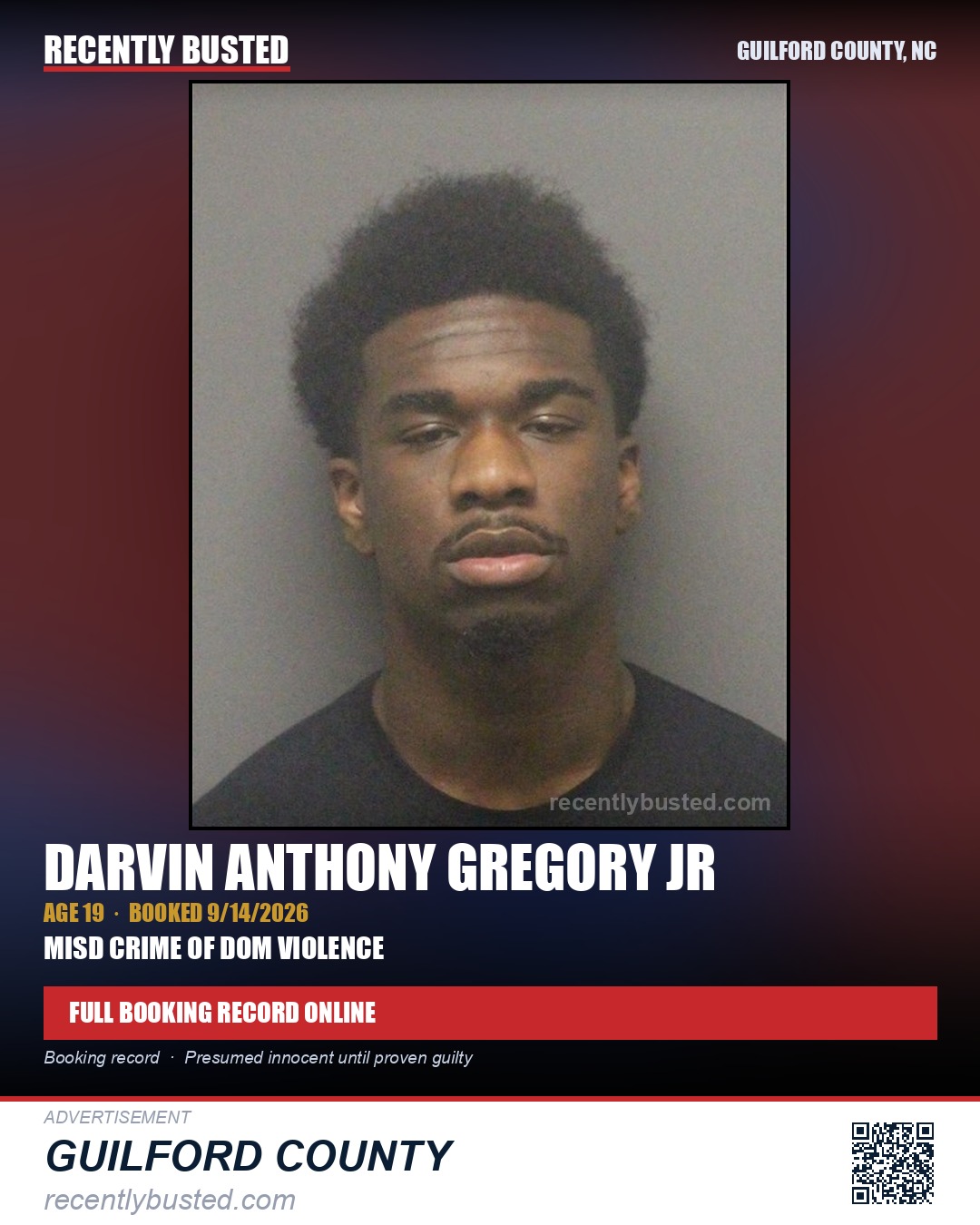 DARVIN ANTHONY GREGORY JR — arrest record card, Guilford County, North Carolina