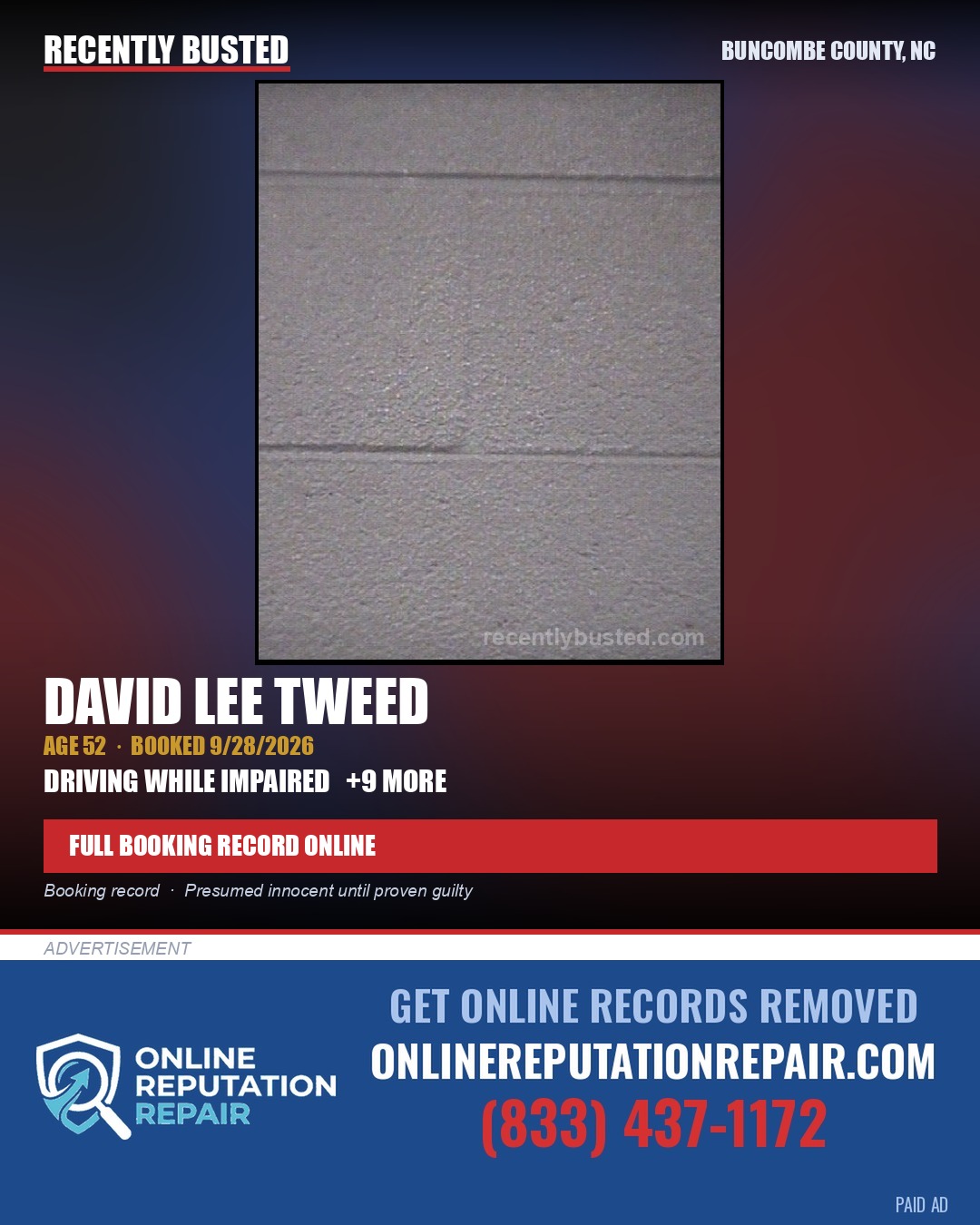 DAVID LEE TWEED — arrest record card, Buncombe County, North Carolina