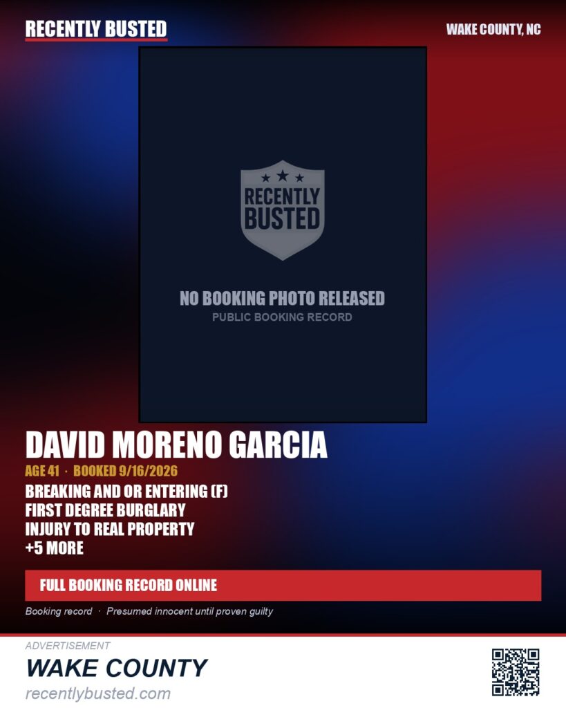 DAVID MORENO GARCIA — arrest record card, Wake County, North Carolina