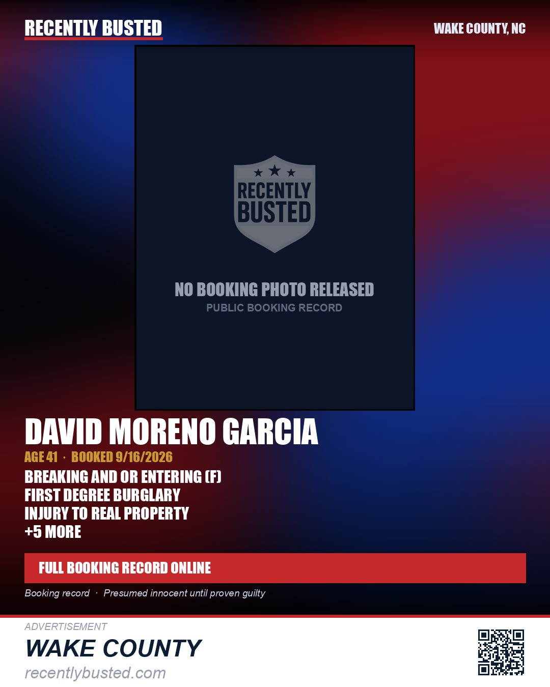 DAVID MORENO GARCIA — arrest record card, Wake County, North Carolina