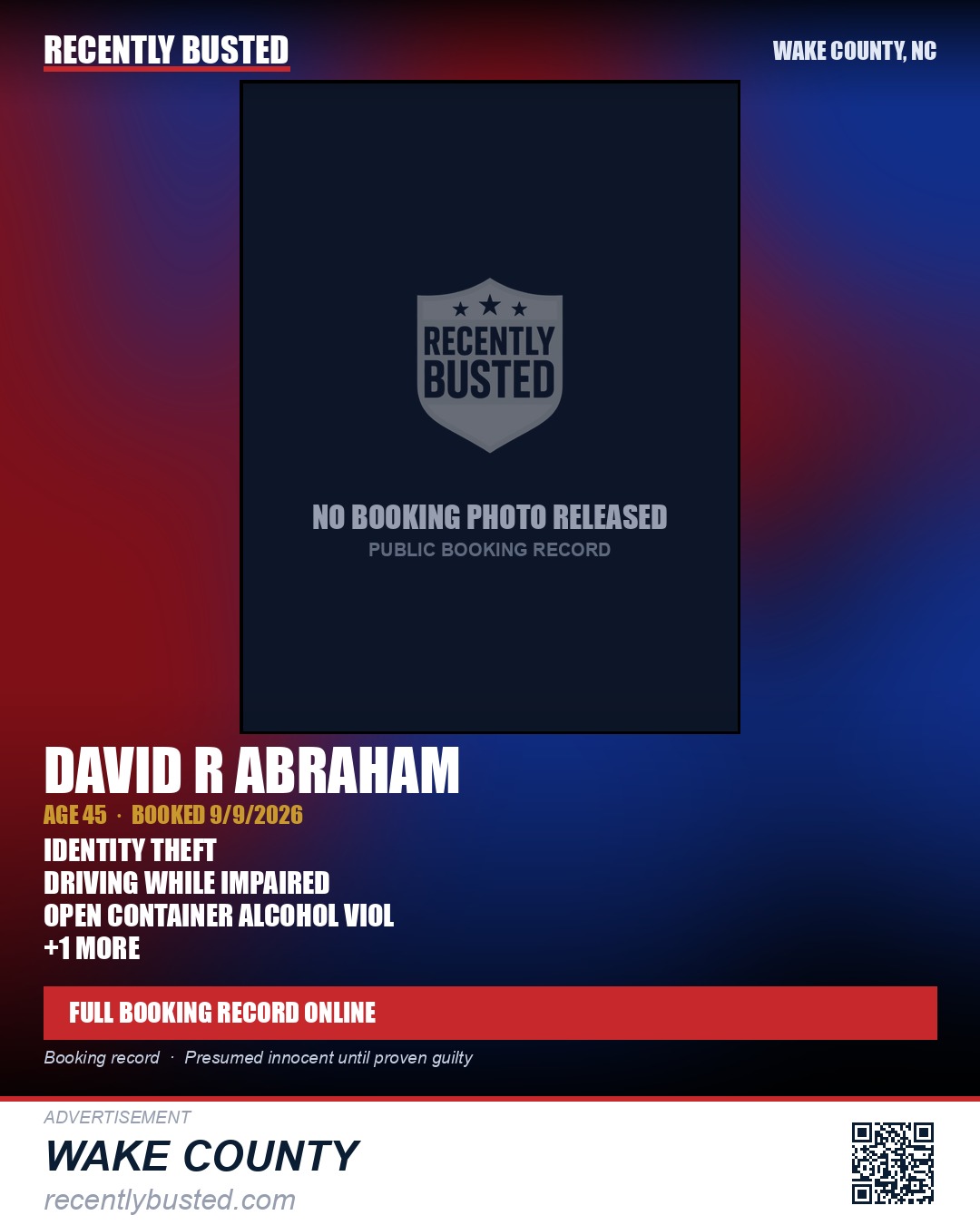 DAVID R ABRAHAM — arrest record card, Wake County, North Carolina