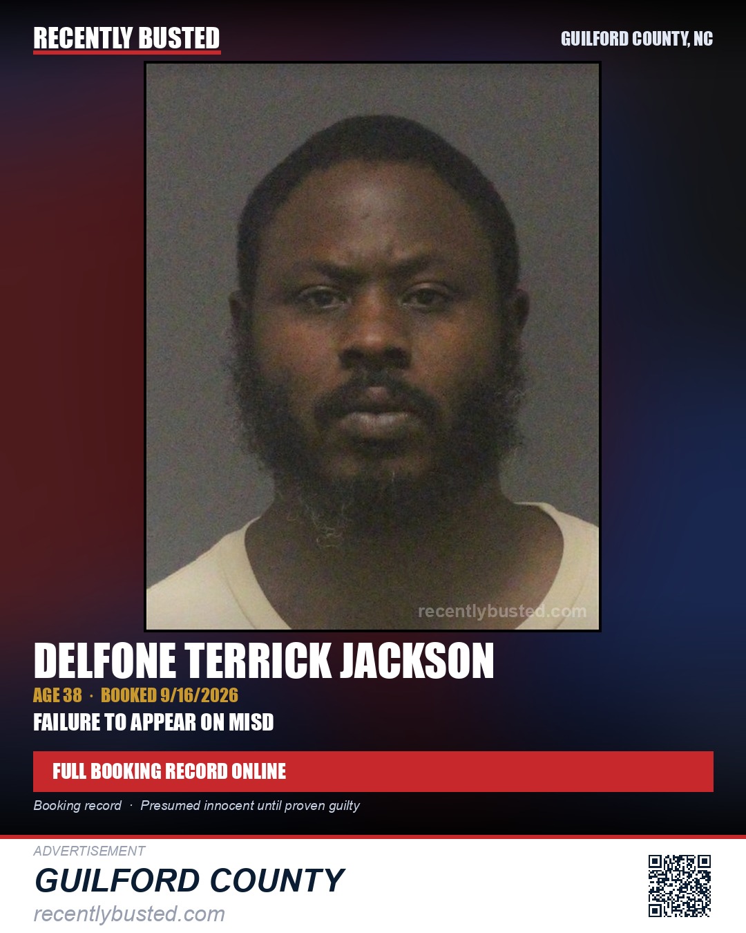DELFONE TERRICK JACKSON — arrest record card, Guilford County, North Carolina
