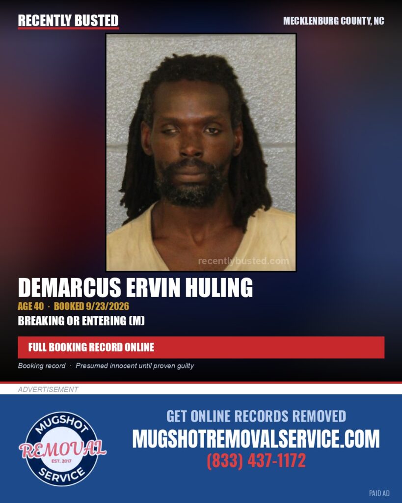 DEMARCUS ERVIN HULING — arrest record card, Mecklenburg County, North Carolina