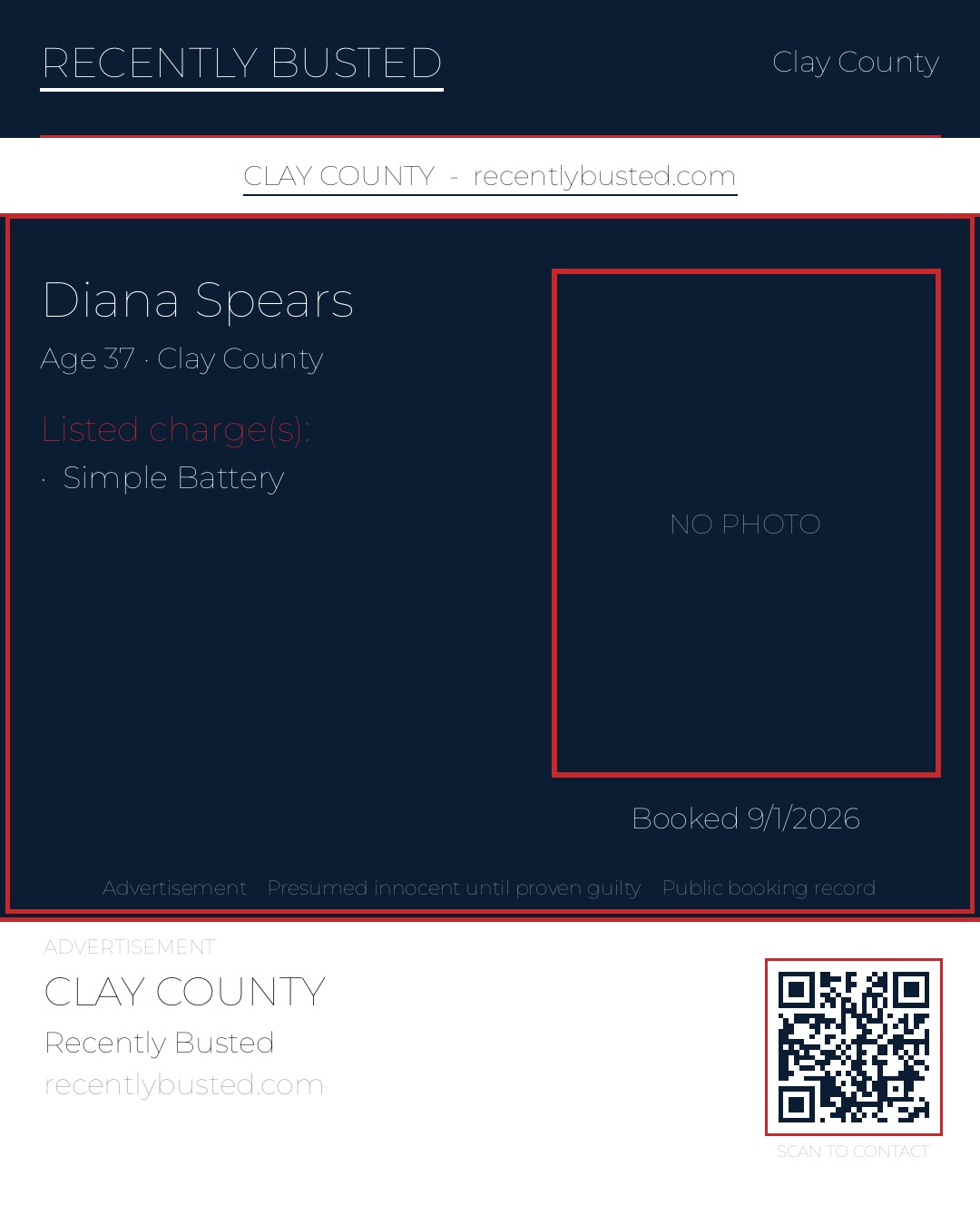 DIANA SPEARS — arrest record card, Clay County, Florida