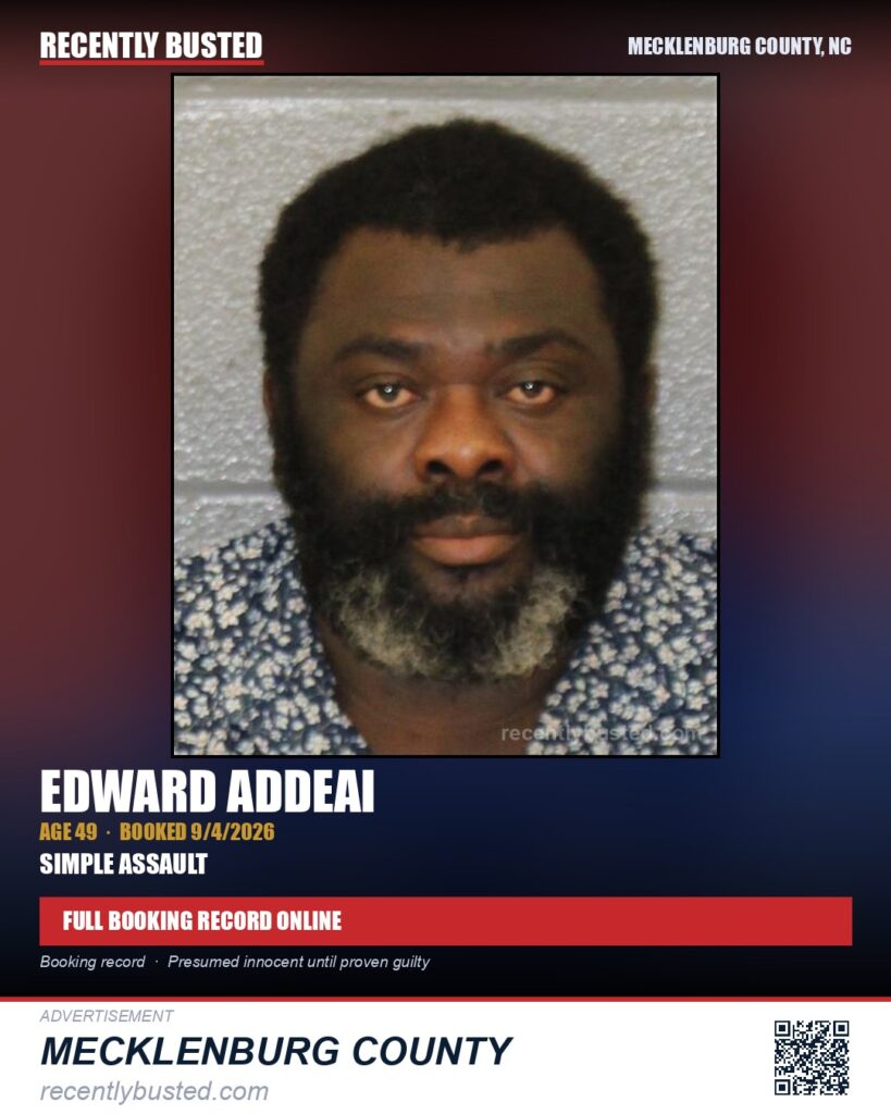 EDWARD ADDEAI — arrest record card, Mecklenburg County, North Carolina