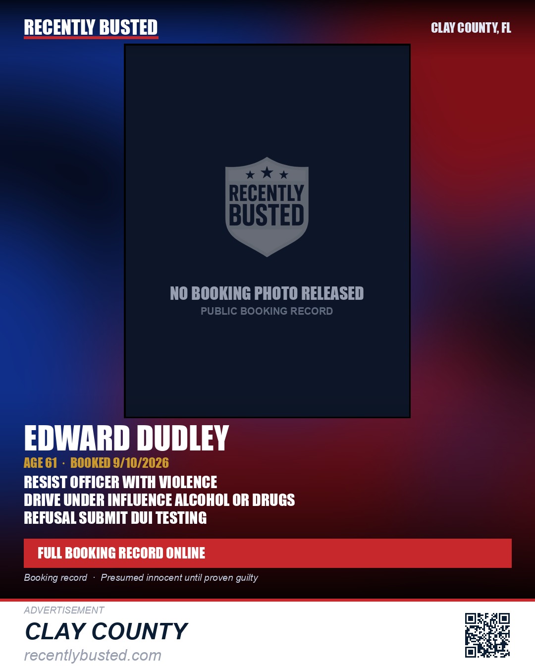 EDWARD DUDLEY — arrest record card, Clay County, Florida