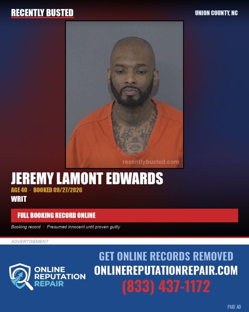 EDWARDS, JEREMY LAMONT — arrest record card, Union County, North Carolina