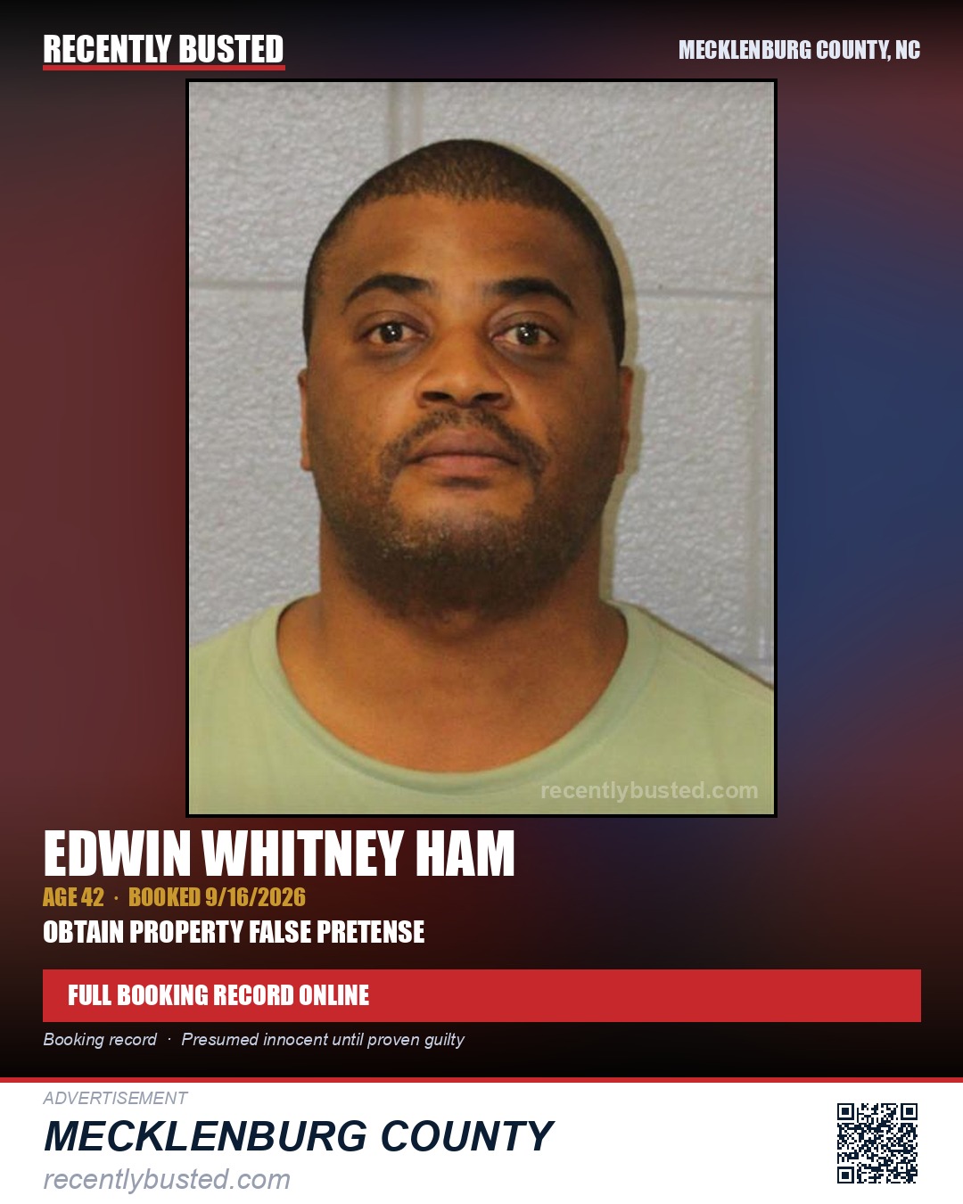 EDWIN WHITNEY HAM — arrest record card, Mecklenburg County, North Carolina