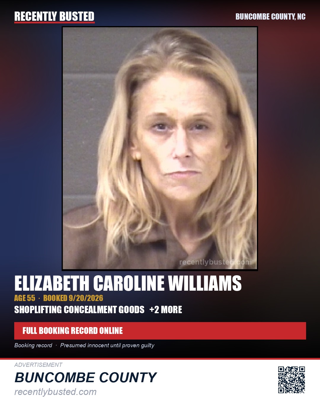 ELIZABETH CAROLINE WILLIAMS — arrest record card, Buncombe County, North Carolina
