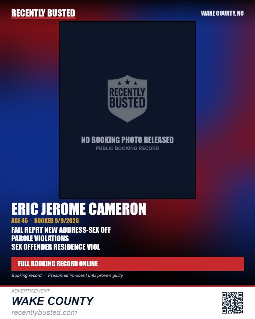 ERIC JEROME CAMERON — arrest record card, Wake County, North Carolina