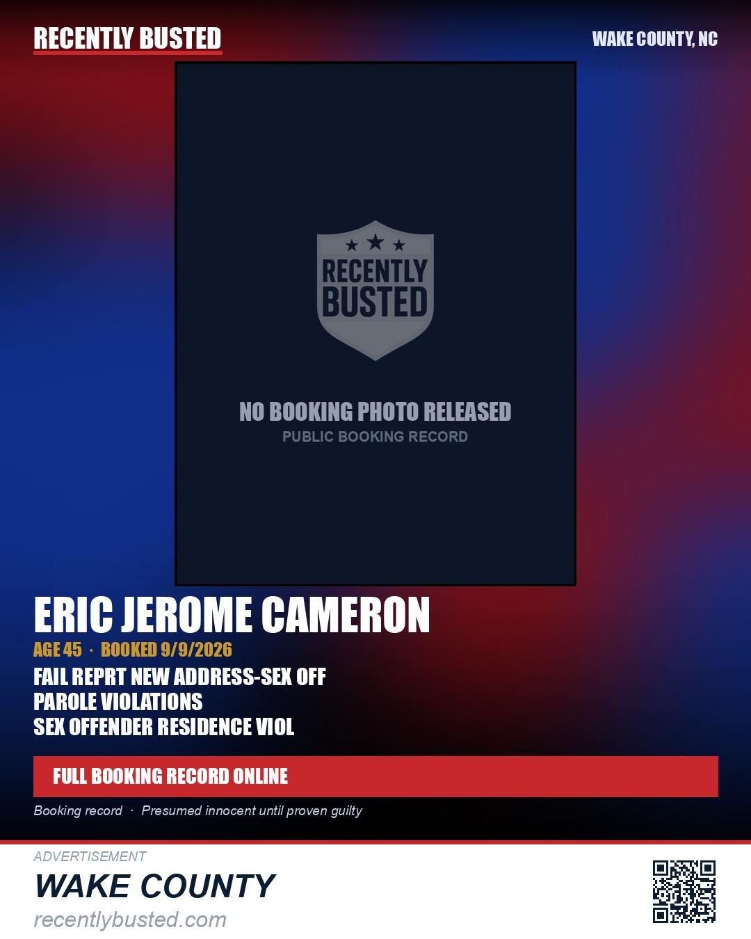 ERIC JEROME CAMERON — arrest record card, Wake County, North Carolina