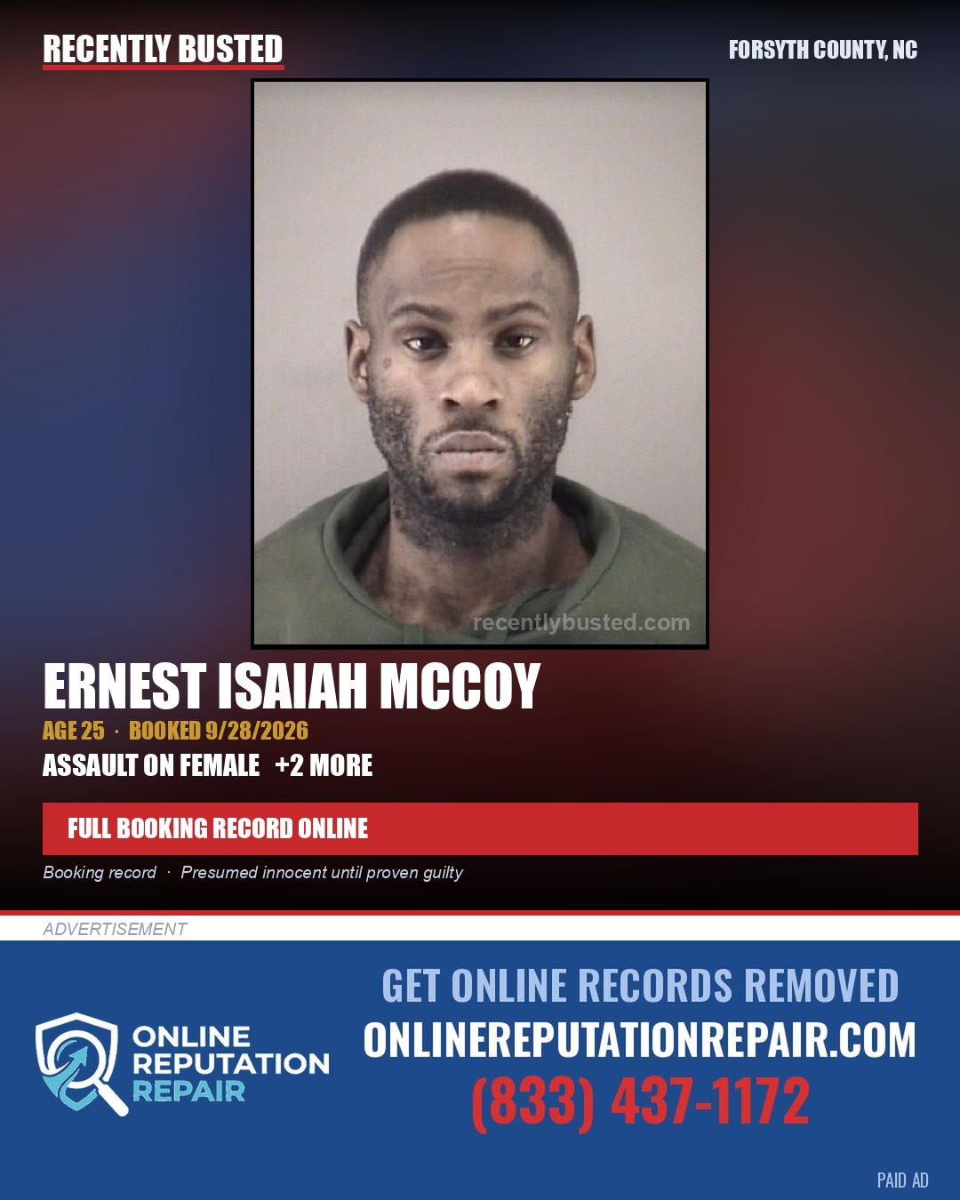 ERNEST ISAIAH MCCOY — arrest record card, Forsyth County, North Carolina