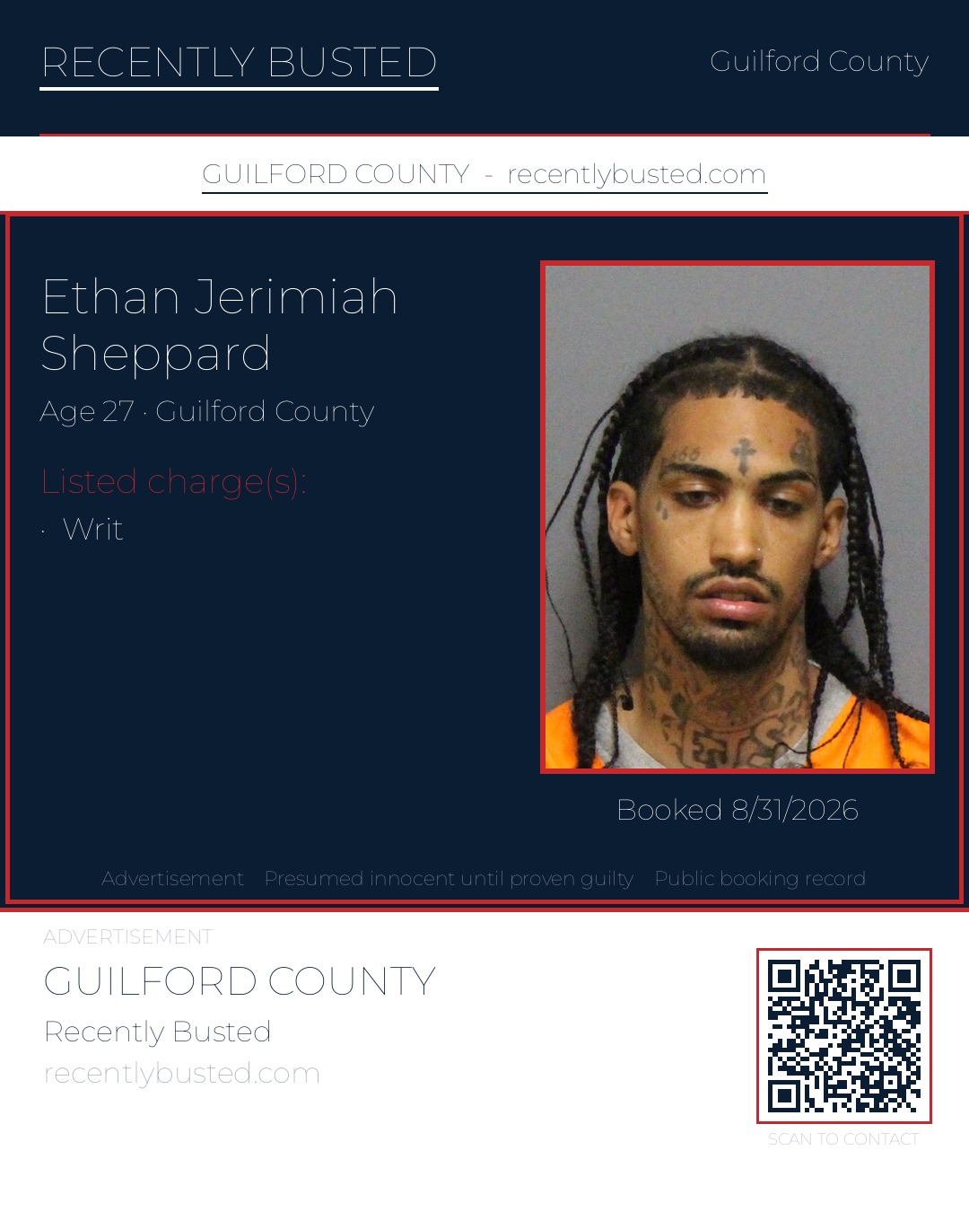 ETHAN JERIMIAH SHEPPARD — arrest record card, Guilford County, North Carolina