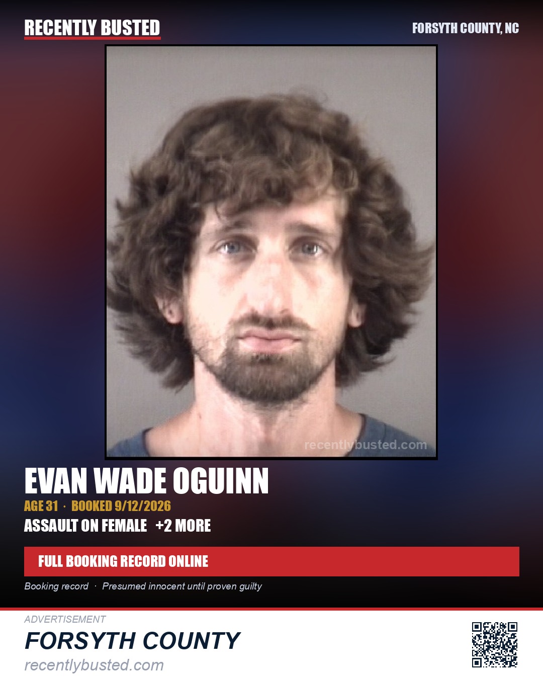 EVAN WADE OGUINN — arrest record card, Forsyth County, North Carolina