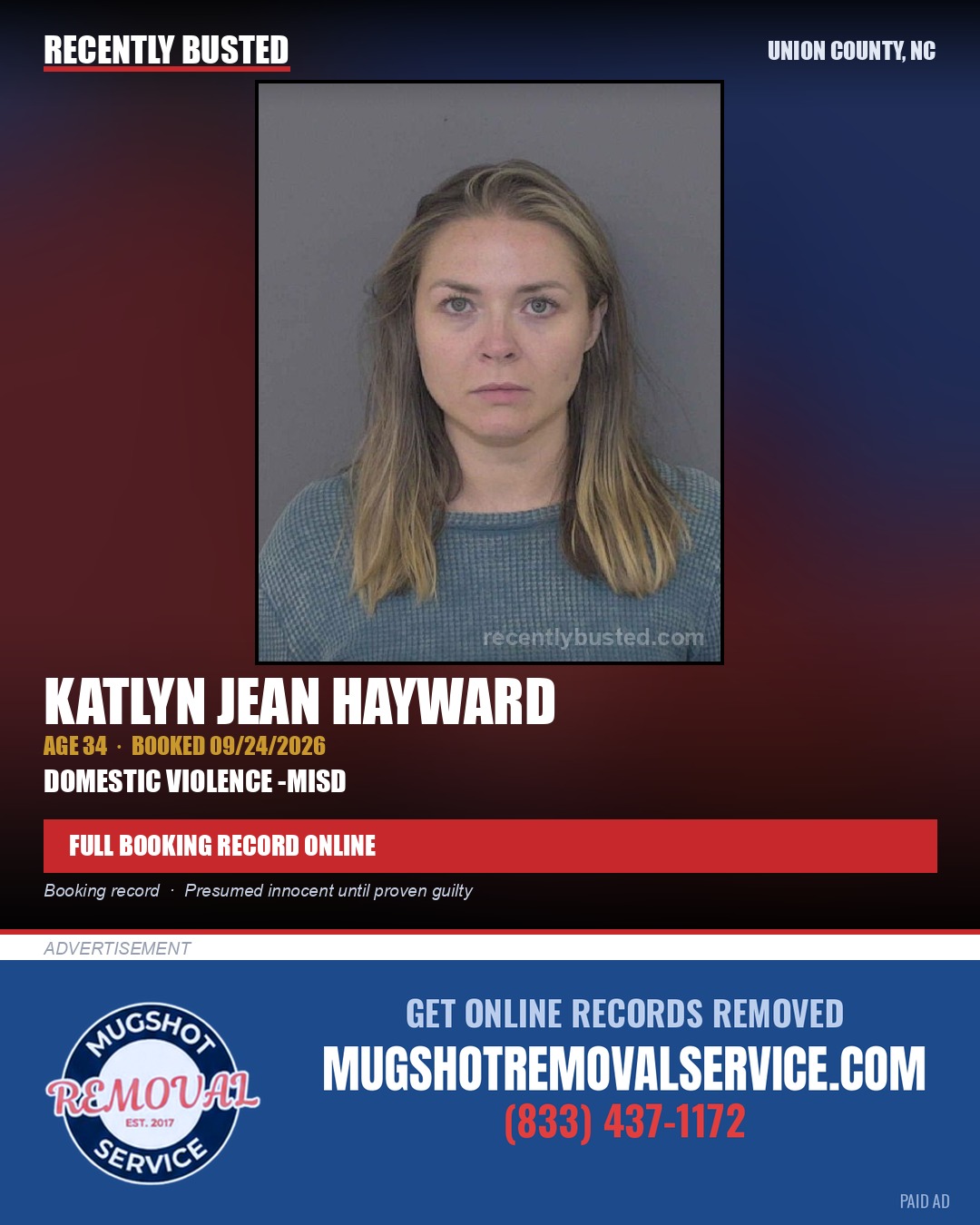 HAYWARD, KATLYN JEAN — arrest record card, Union County, North Carolina