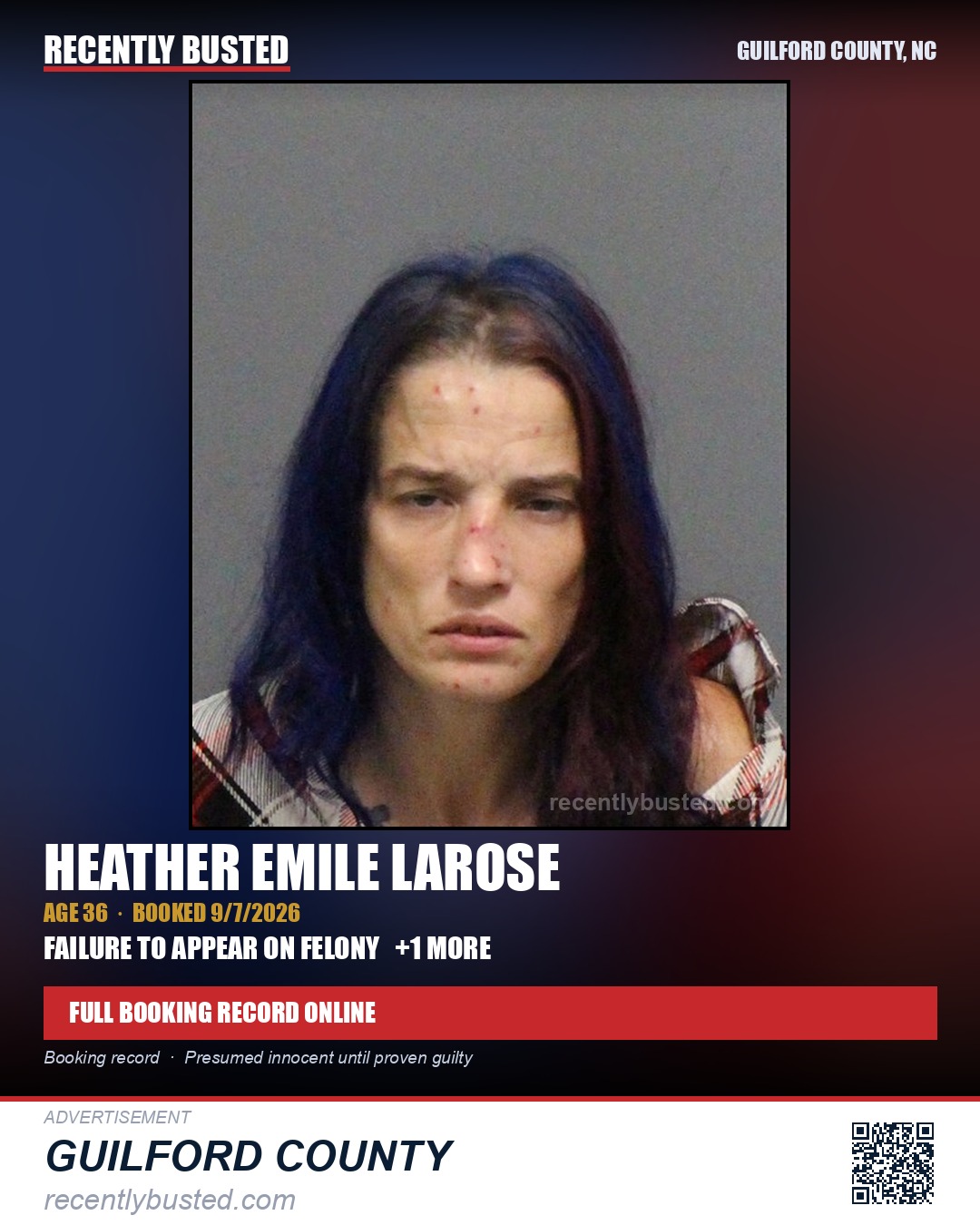 HEATHER EMILE LAROSE — arrest record card, Guilford County, North Carolina
