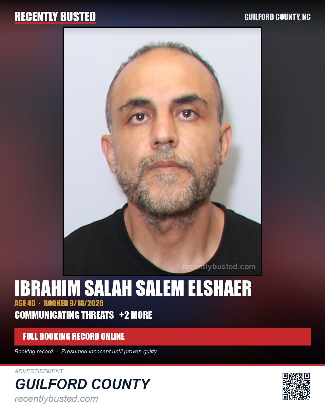 IBRAHIM SALAH SALEM ELSHAER — arrest record card, Guilford County, North Carolina