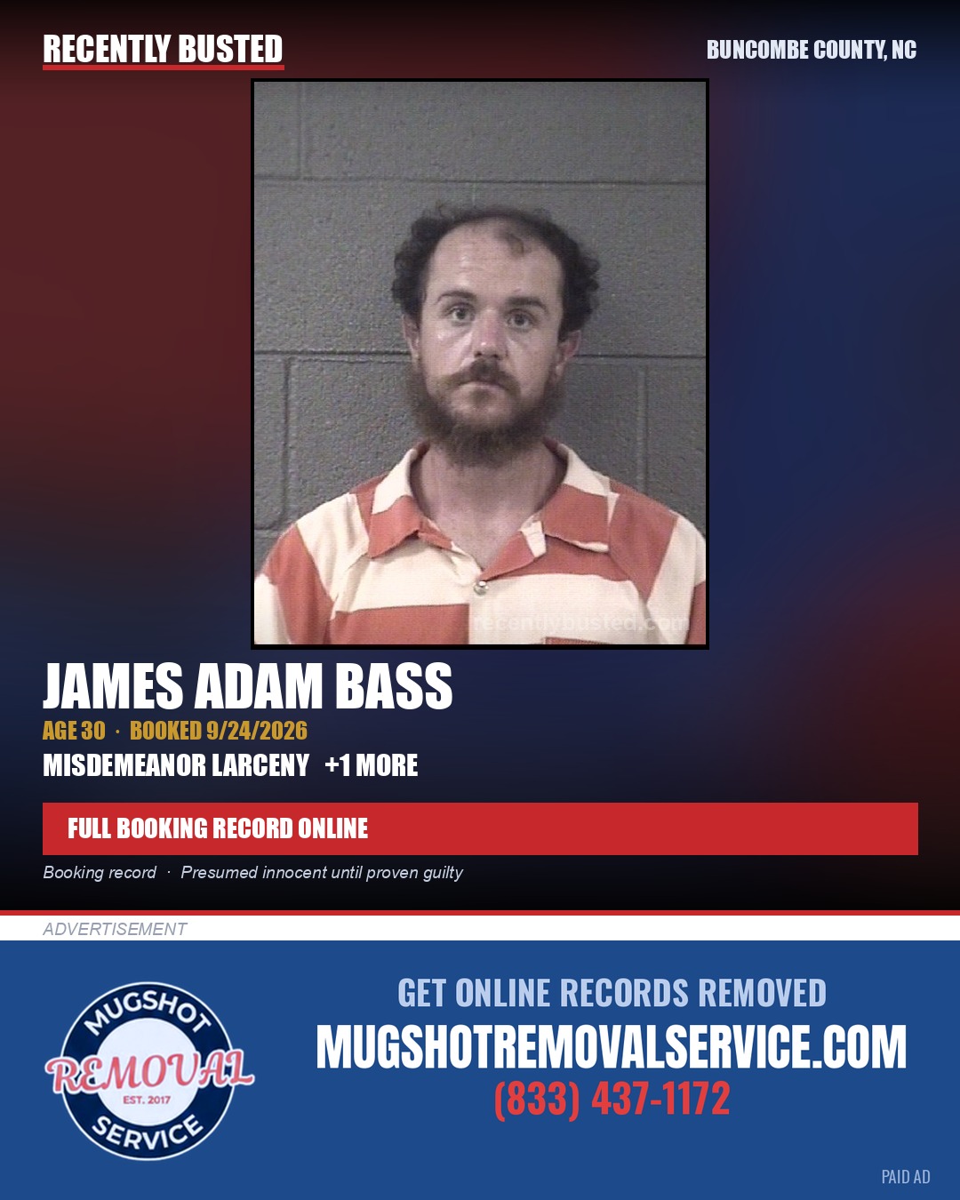 JAMES ADAM BASS — arrest record card, Buncombe County, North Carolina