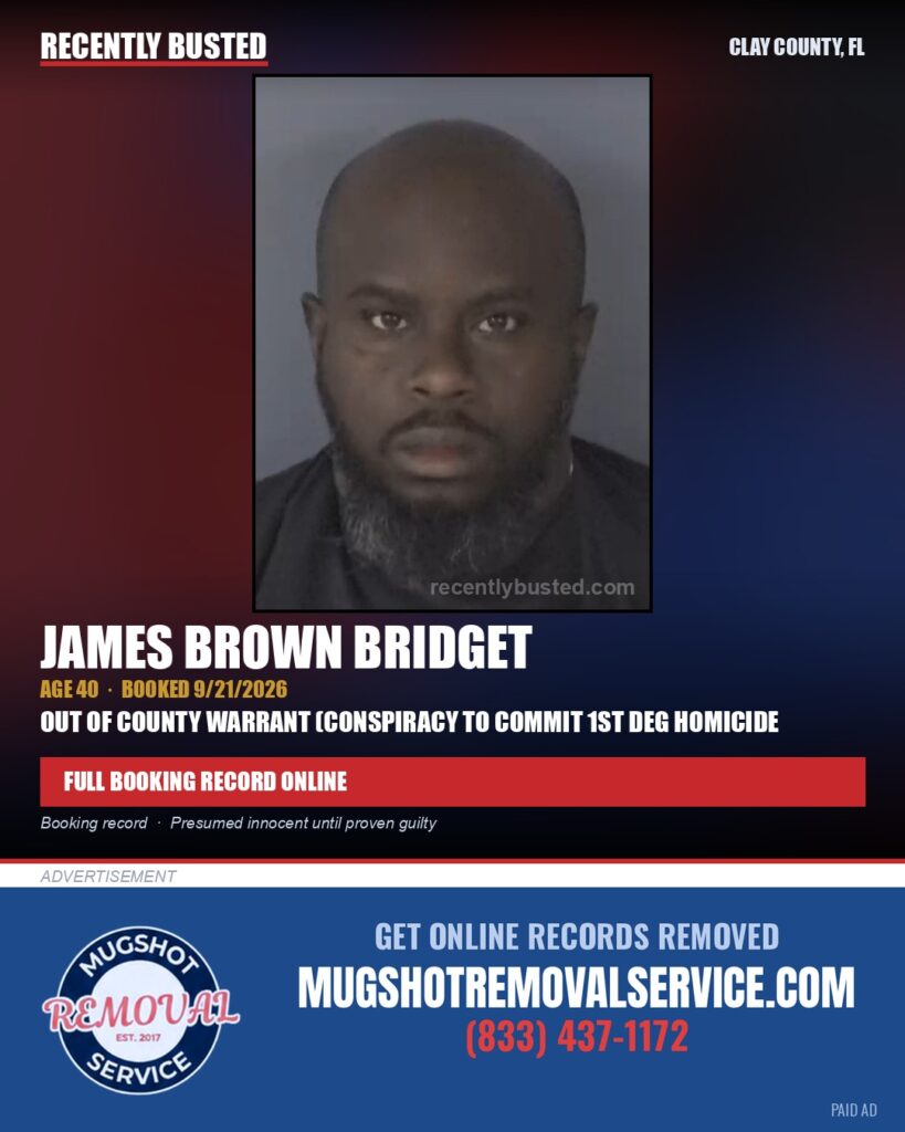 JAMES BROWN BRIDGET — arrest record card, Clay County, Florida