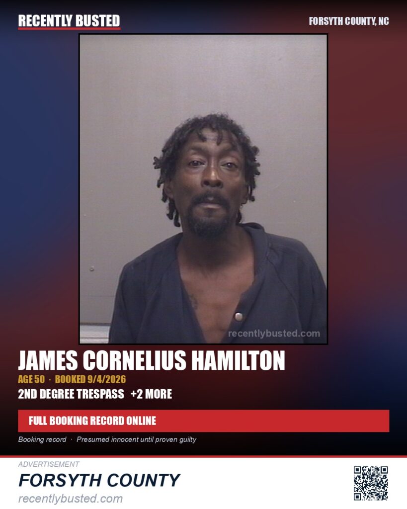 JAMES CORNELIUS HAMILTON — arrest record card, Forsyth County, North Carolina