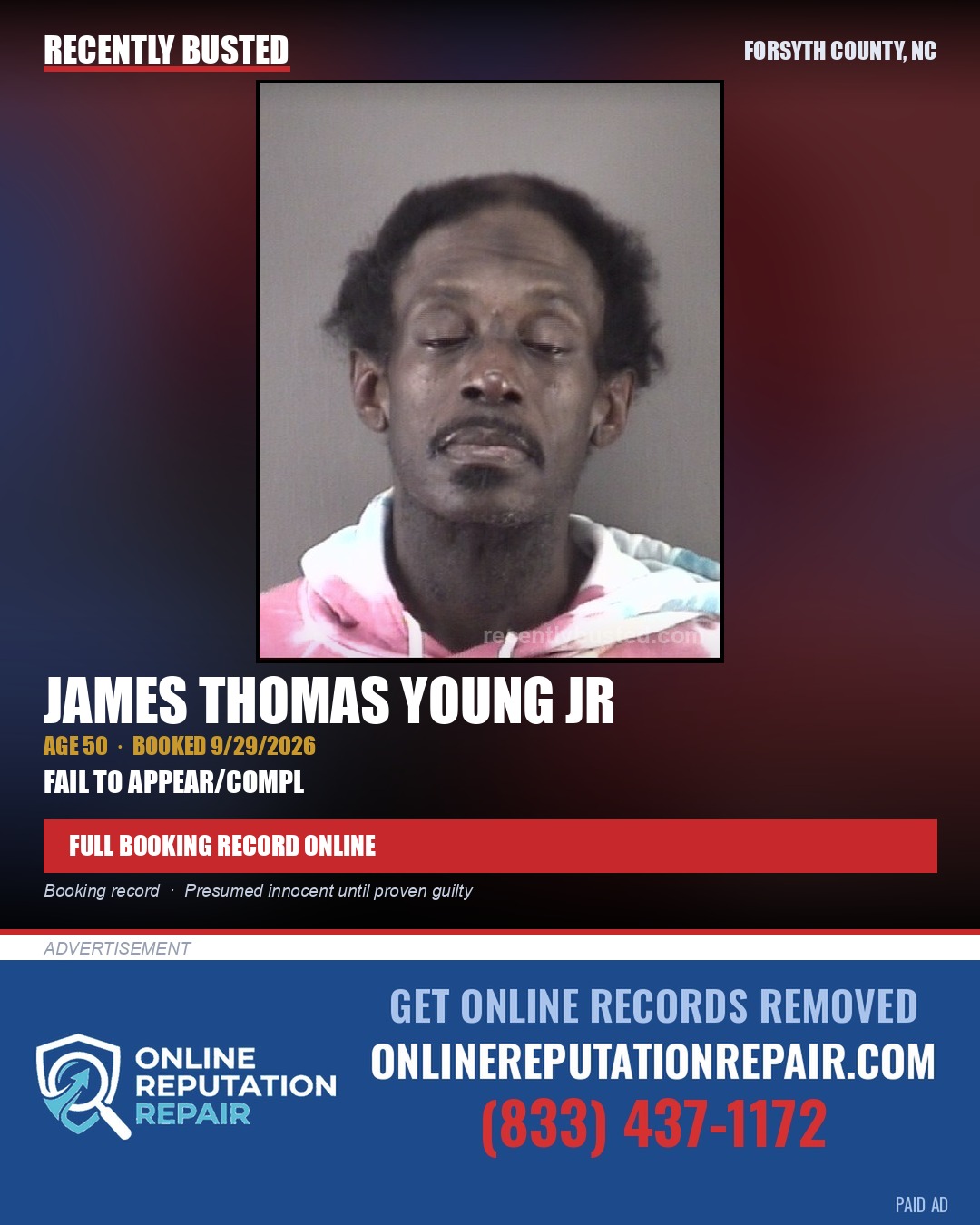 JAMES THOMAS YOUNG JR — arrest record card, Forsyth County, North Carolina