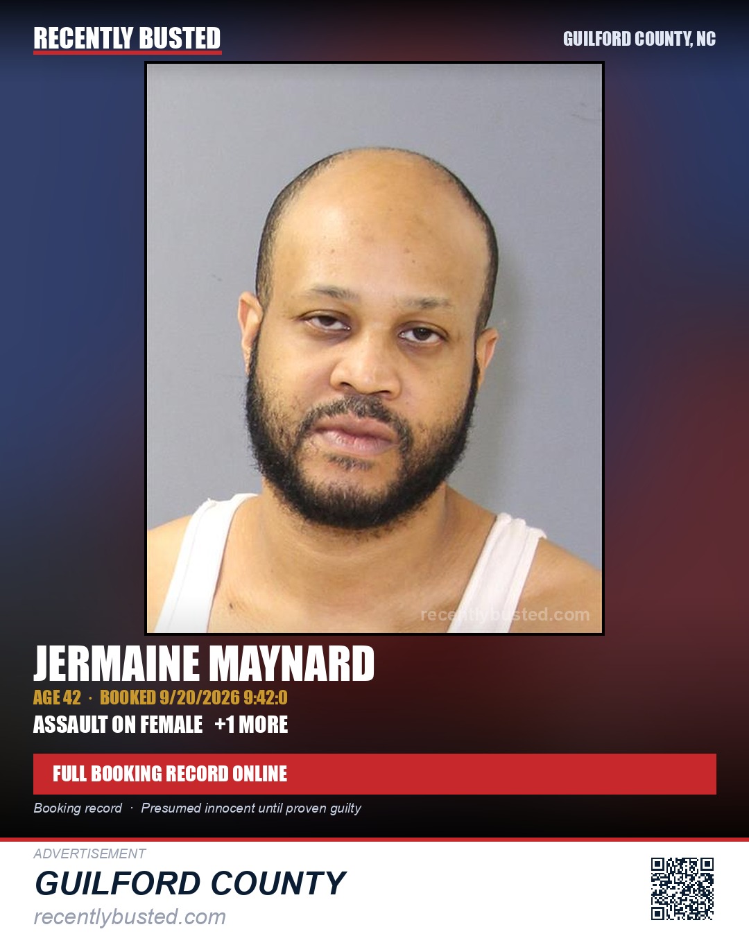 JERMAINE MAYNARD — arrest record card, Guilford County, North Carolina
