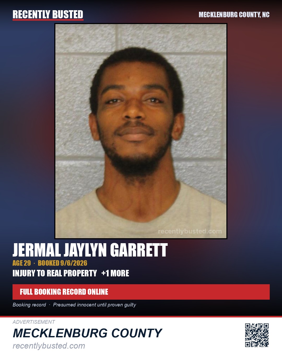 JERMAL JAYLYN GARRETT — arrest record card, Mecklenburg County, North Carolina