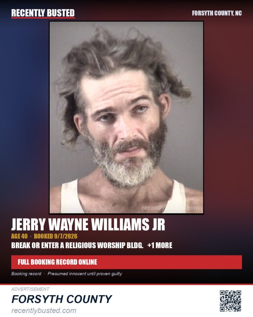 JERRY WAYNE WILLIAMS JR — arrest record card, Forsyth County, North Carolina