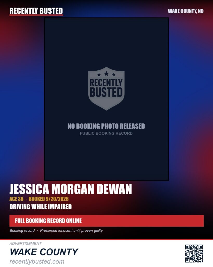JESSICA MORGAN DEWAN — arrest record card, Wake County, North Carolina