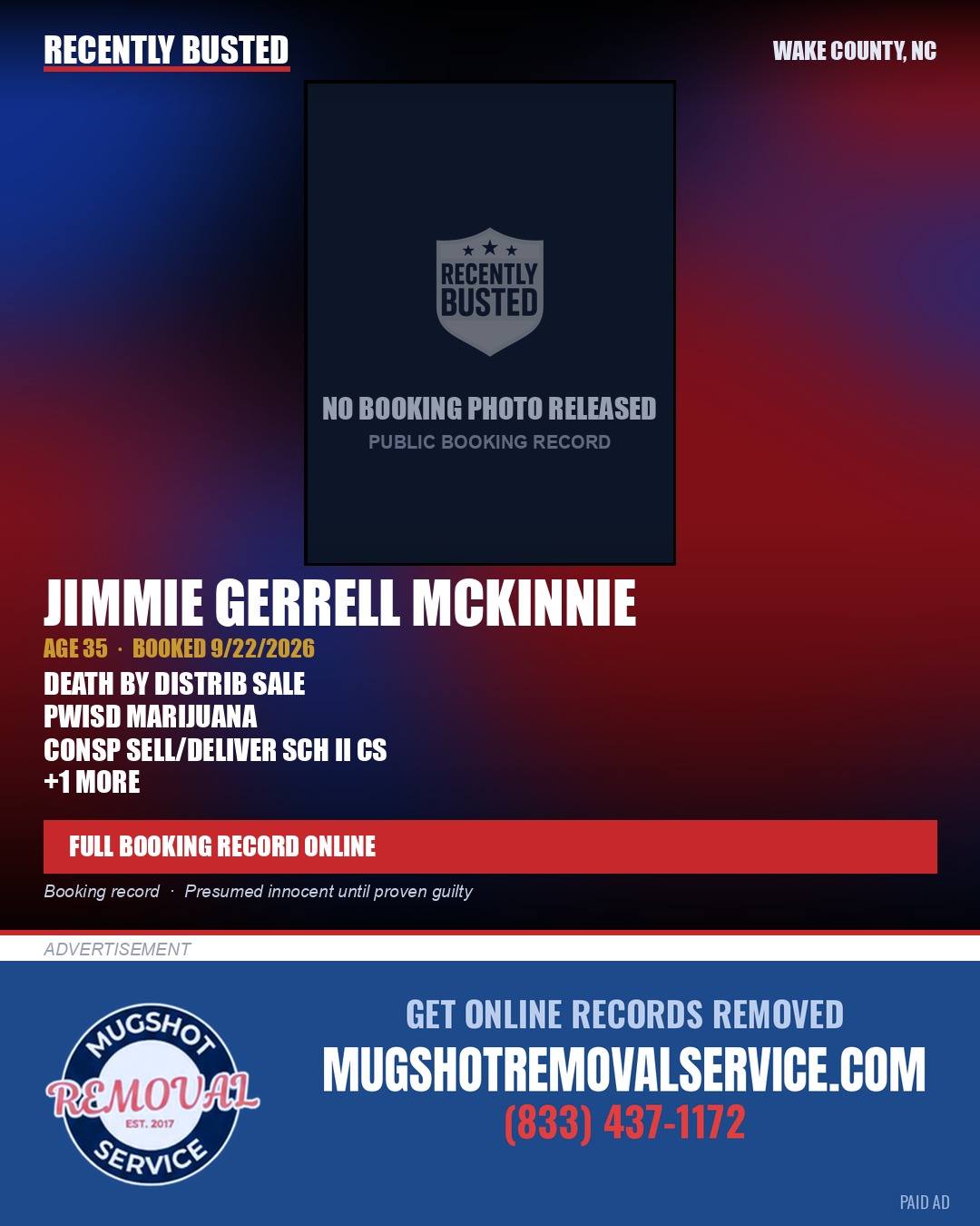 JIMMIE GERRELL MCKINNIE — arrest record card, Wake County, North Carolina