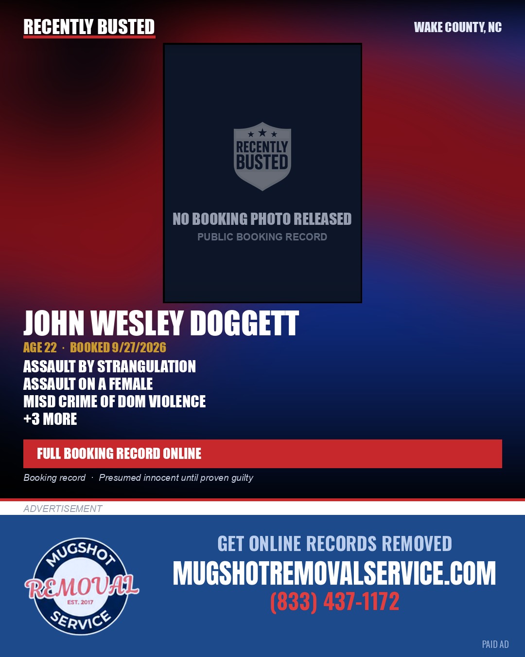 JOHN WESLEY DOGGETT — arrest record card, Wake County, North Carolina