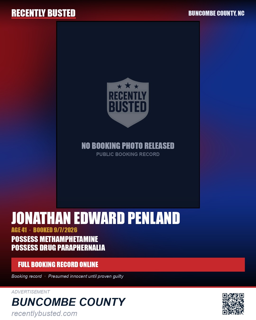 JONATHAN EDWARD PENLAND — arrest record card, Buncombe County, North Carolina