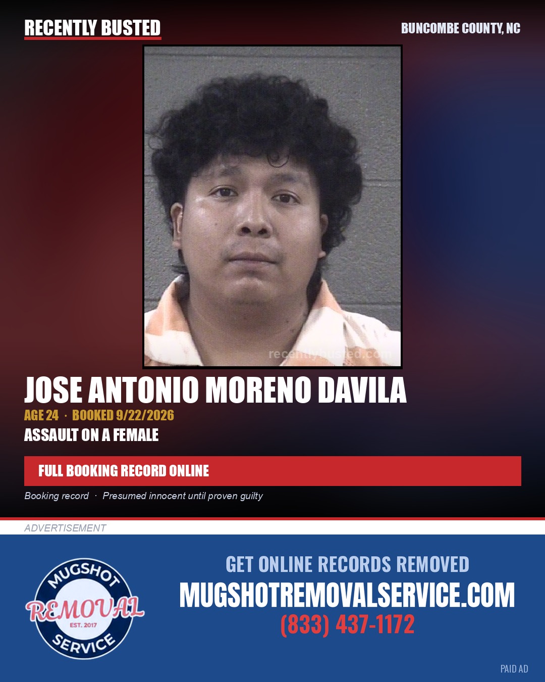 JOSE ANTONIO MORENO DAVILA — arrest record card, Buncombe County, North Carolina